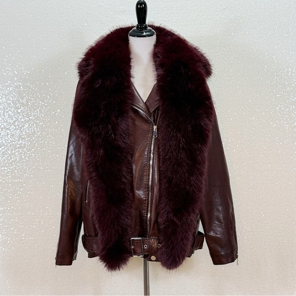 Azalea Wang Aurelia Faux Leather Moto Jacket XL Burgundy Faux Fur Collar NWT - Picture 12 of 16